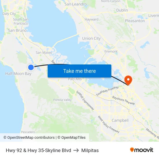 Hwy 92 & Hwy 35-Skyline Blvd to Milpitas map