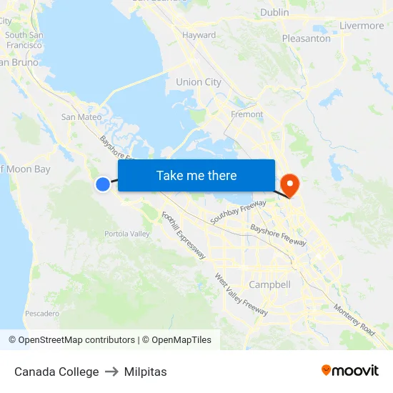 Canada College to Milpitas map
