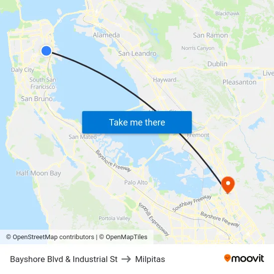 Bayshore Blvd & Industrial St to Milpitas map