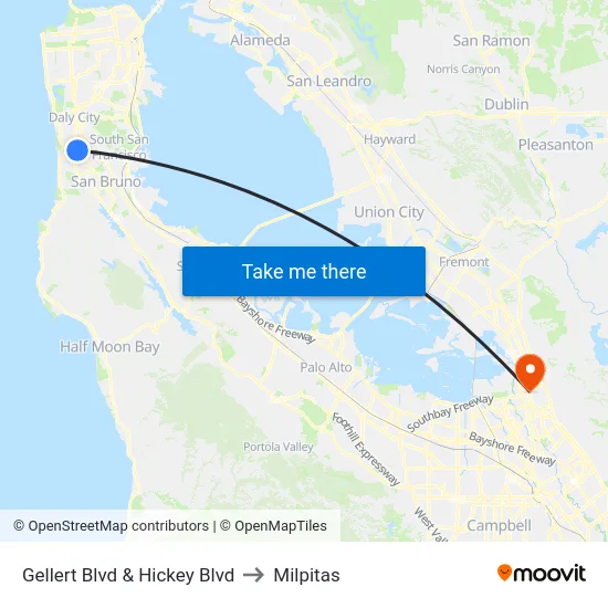 Gellert Blvd & Hickey Blvd to Milpitas map