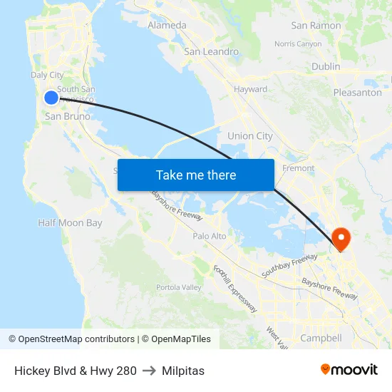 Hickey Blvd & Hwy 280 to Milpitas map