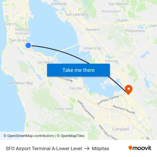 SFO Airport Terminal A-Lower Level to Milpitas map