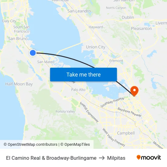 El Camino Real & Broadway-Burlingame to Milpitas map