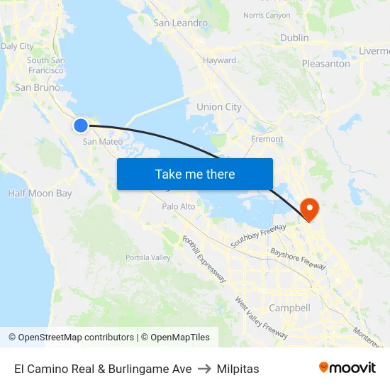 El Camino Real & Burlingame Ave to Milpitas map