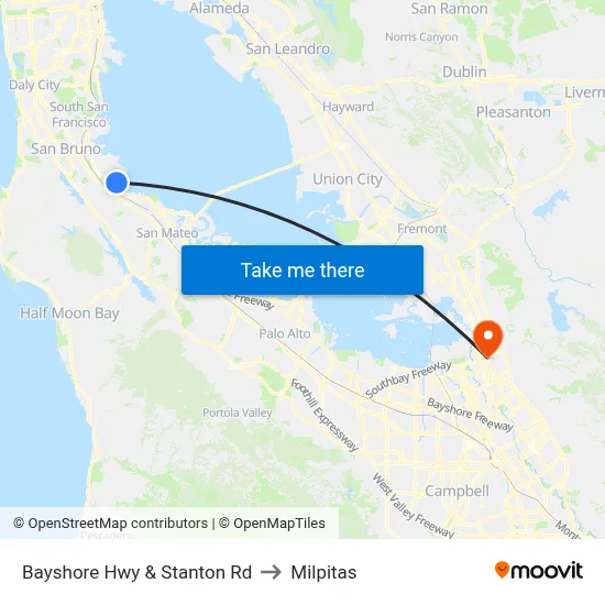 Bayshore Hwy & Stanton Rd to Milpitas map