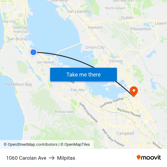 1060 Carolan Ave to Milpitas map