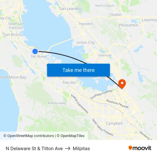 N Delaware St & Tilton Ave to Milpitas map