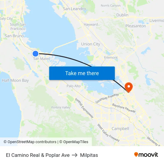 El Camino Real & Poplar Ave to Milpitas map