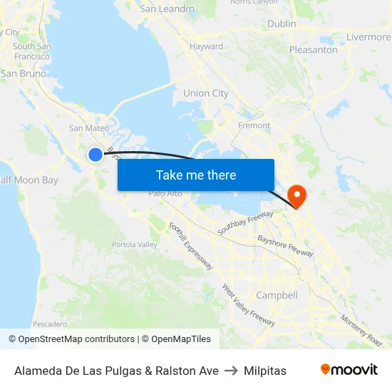 Alameda De Las Pulgas & Ralston Ave to Milpitas map