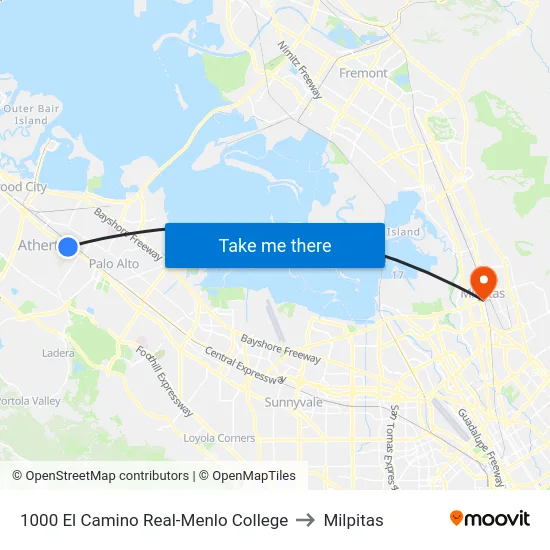 1000 El Camino Real-Menlo College to Milpitas map