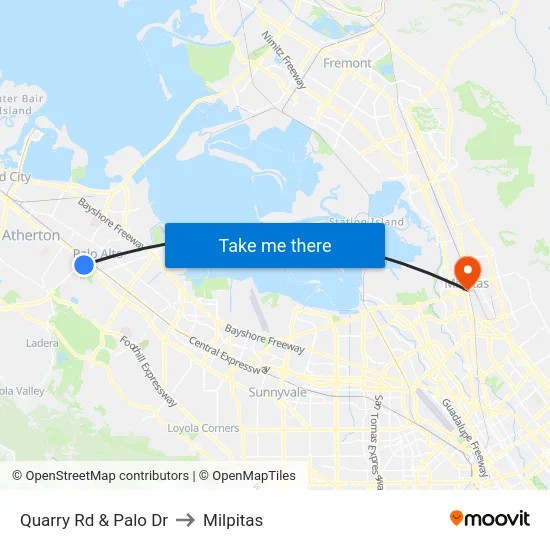 Quarry Rd & Palo Dr to Milpitas map