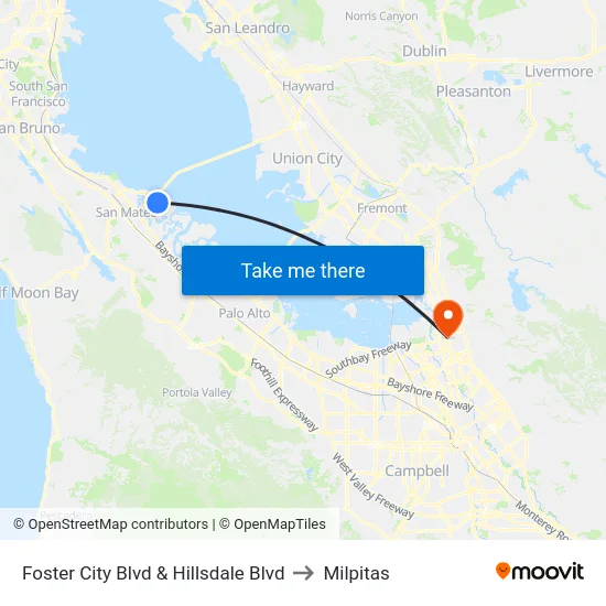 Foster City Blvd & Hillsdale Blvd to Milpitas map