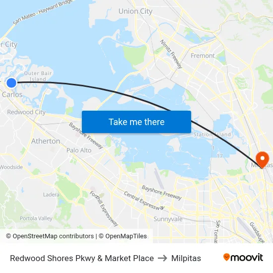 Redwood Shores Pkwy & Market Place to Milpitas map