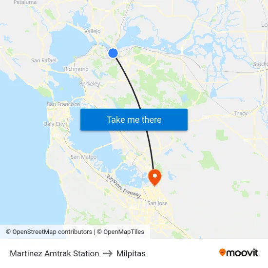 Martinez Amtrak Station to Milpitas map
