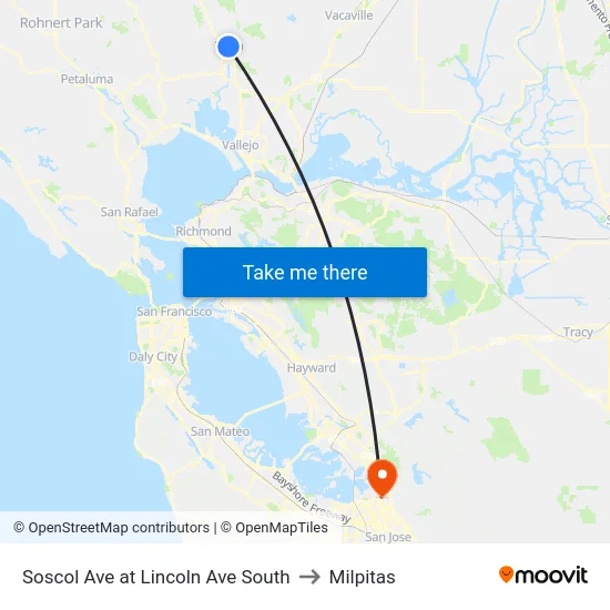 Soscol Ave at Lincoln Ave South to Milpitas map