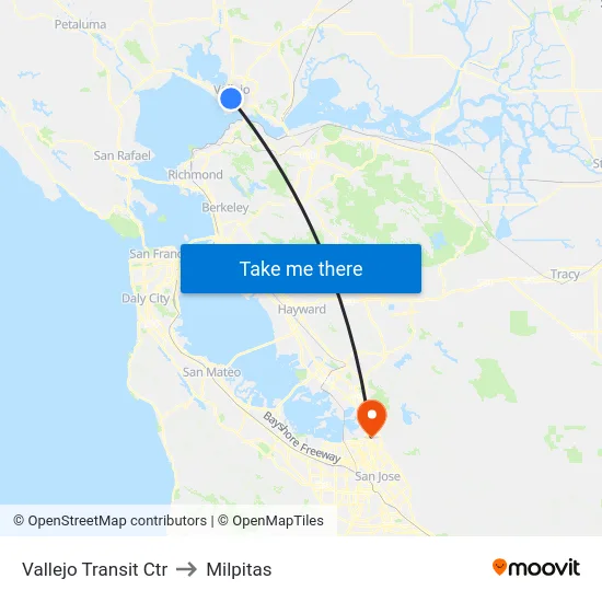 Vallejo Transit Ctr to Milpitas map