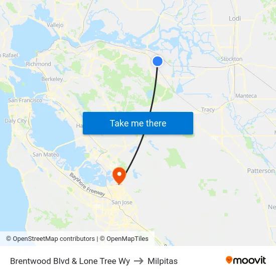 Brentwood Blvd & Lone Tree Wy to Milpitas map