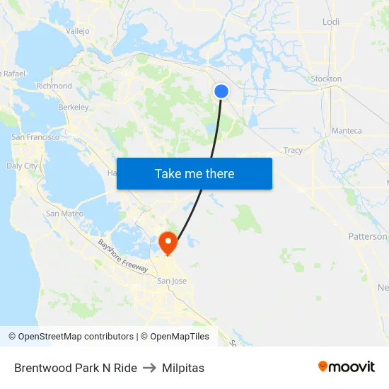 Brentwood Park N Ride to Milpitas map