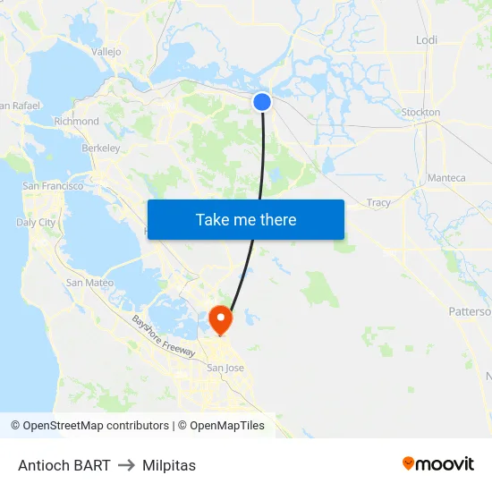Antioch BART to Milpitas map