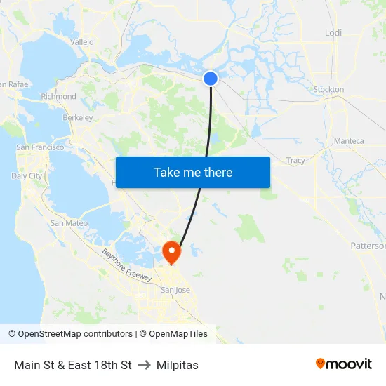 Main St & East 18th St to Milpitas map