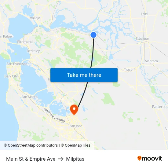 Main St & Empire Ave to Milpitas map