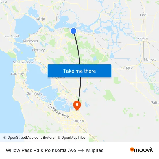 Willow Pass Rd & Poinsettia Ave to Milpitas map