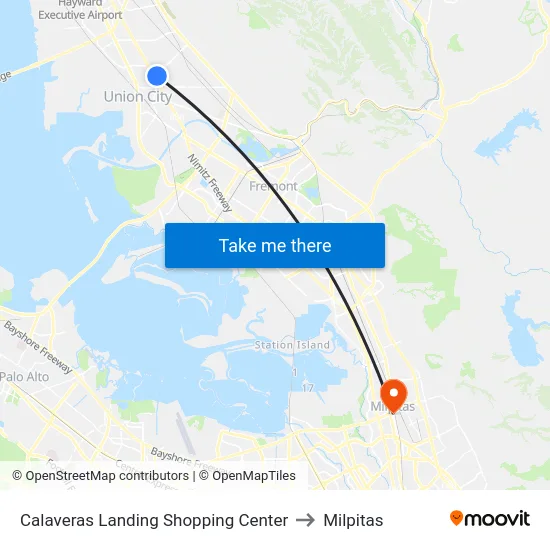 Calaveras Landing Shopping Center to Milpitas map