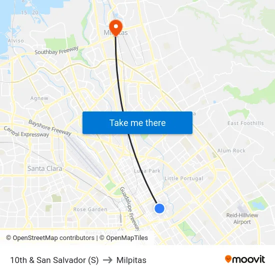 10th & San Salvador (S) to Milpitas map