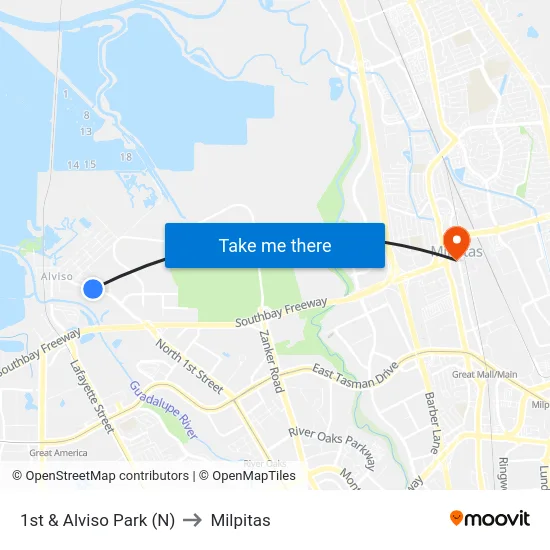 1st & Alviso Park (N) to Milpitas map