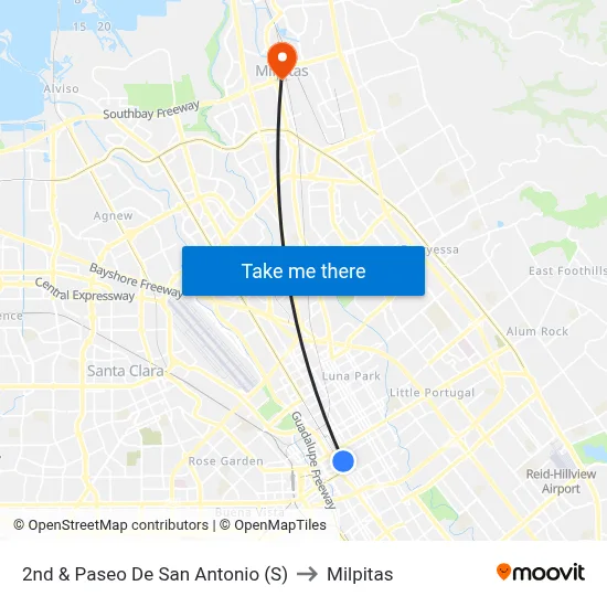 2nd & Paseo De San Antonio (S) to Milpitas map