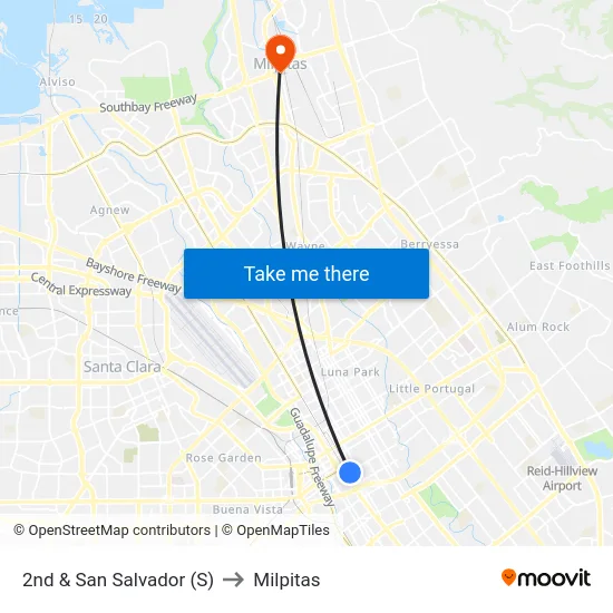 2nd & San Salvador (S) to Milpitas map