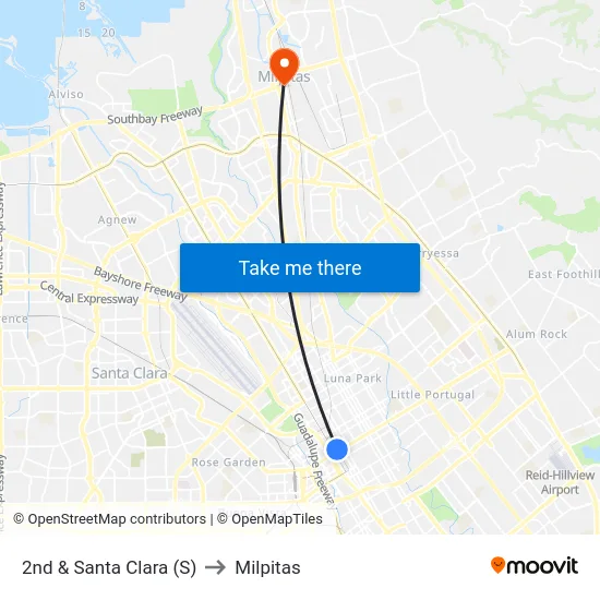 2nd & Santa Clara (S) to Milpitas map