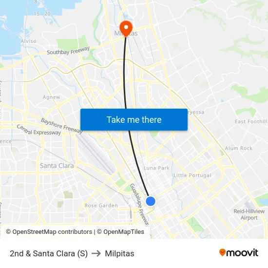 2nd & Santa Clara (S) to Milpitas map