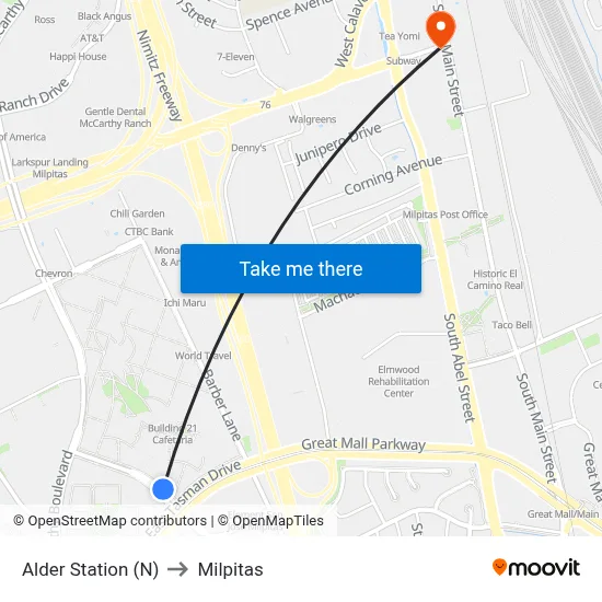 Alder Station (N) to Milpitas map