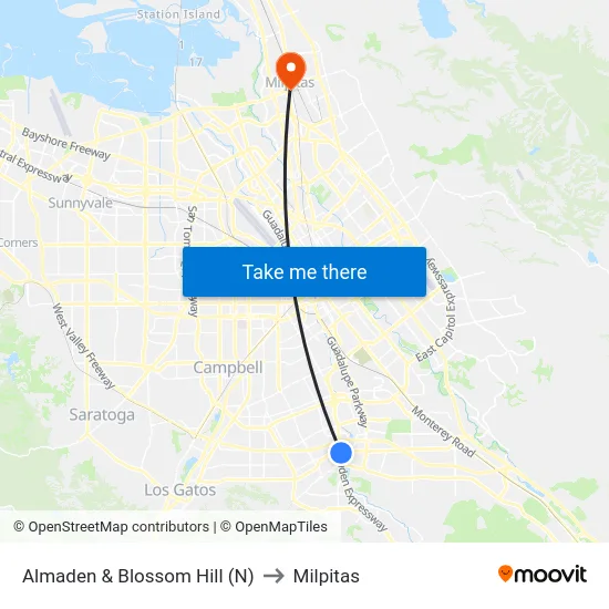 Almaden & Blossom Hill (N) to Milpitas map