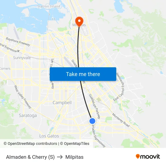 Almaden & Cherry (S) to Milpitas map