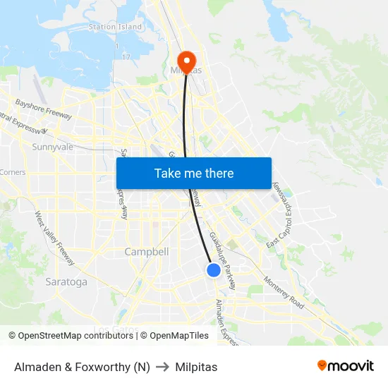 Almaden & Foxworthy (N) to Milpitas map