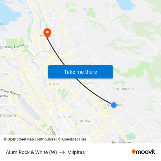 Alum Rock & White (W) to Milpitas map