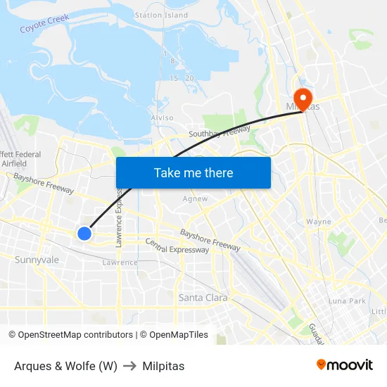 Arques & Wolfe (W) to Milpitas map