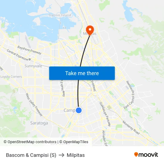 Bascom & Campisi (S) to Milpitas map
