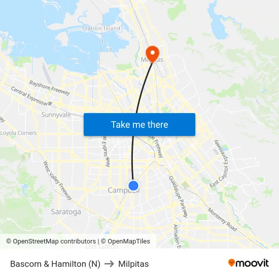 Bascom & Hamilton (N) to Milpitas map