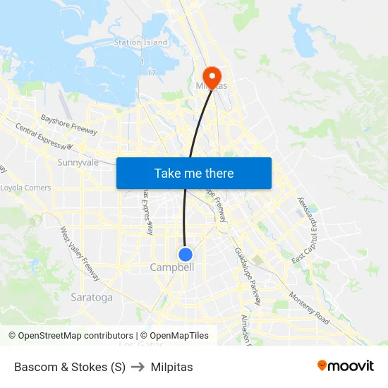 Bascom & Stokes (S) to Milpitas map
