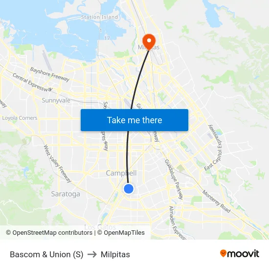 Bascom & Union (S) to Milpitas map
