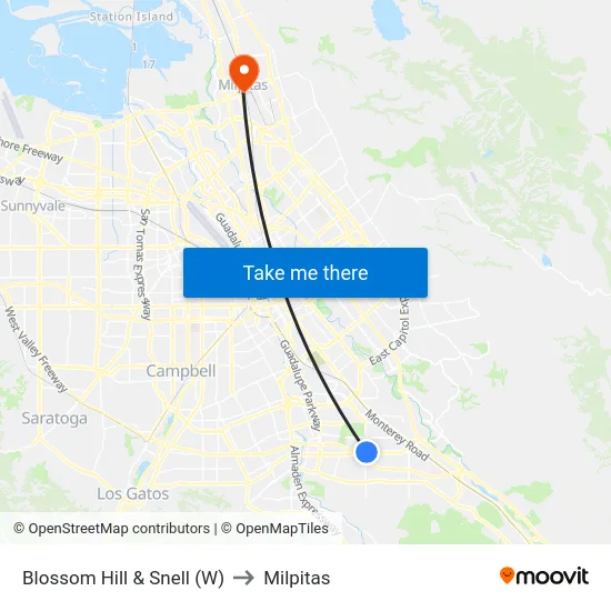 Blossom Hill & Snell (W) to Milpitas map