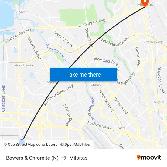 Bowers & Chromite (N) to Milpitas map