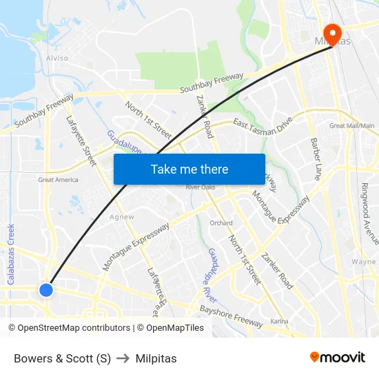 Bowers & Scott (S) to Milpitas map