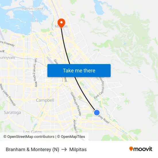 Branham & Monterey (N) to Milpitas map