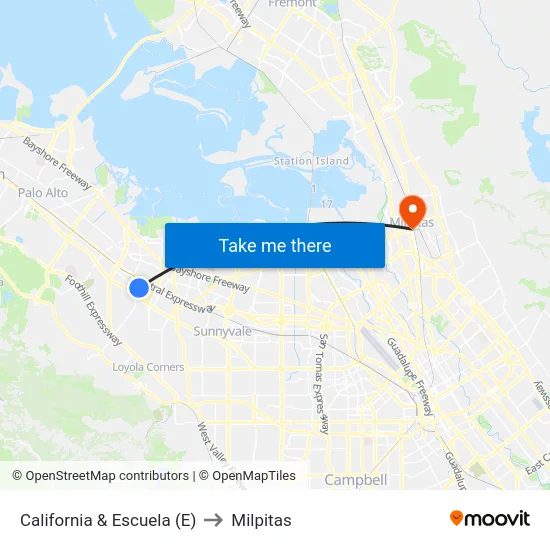 California & Escuela (E) to Milpitas map