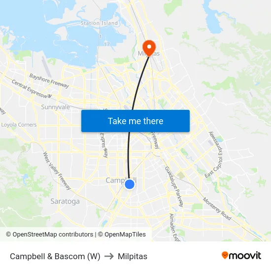 Campbell & Bascom (W) to Milpitas map
