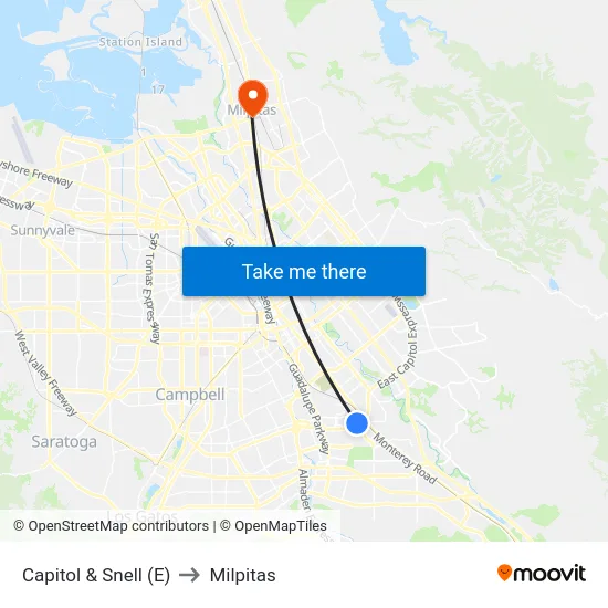 Capitol & Snell (E) to Milpitas map